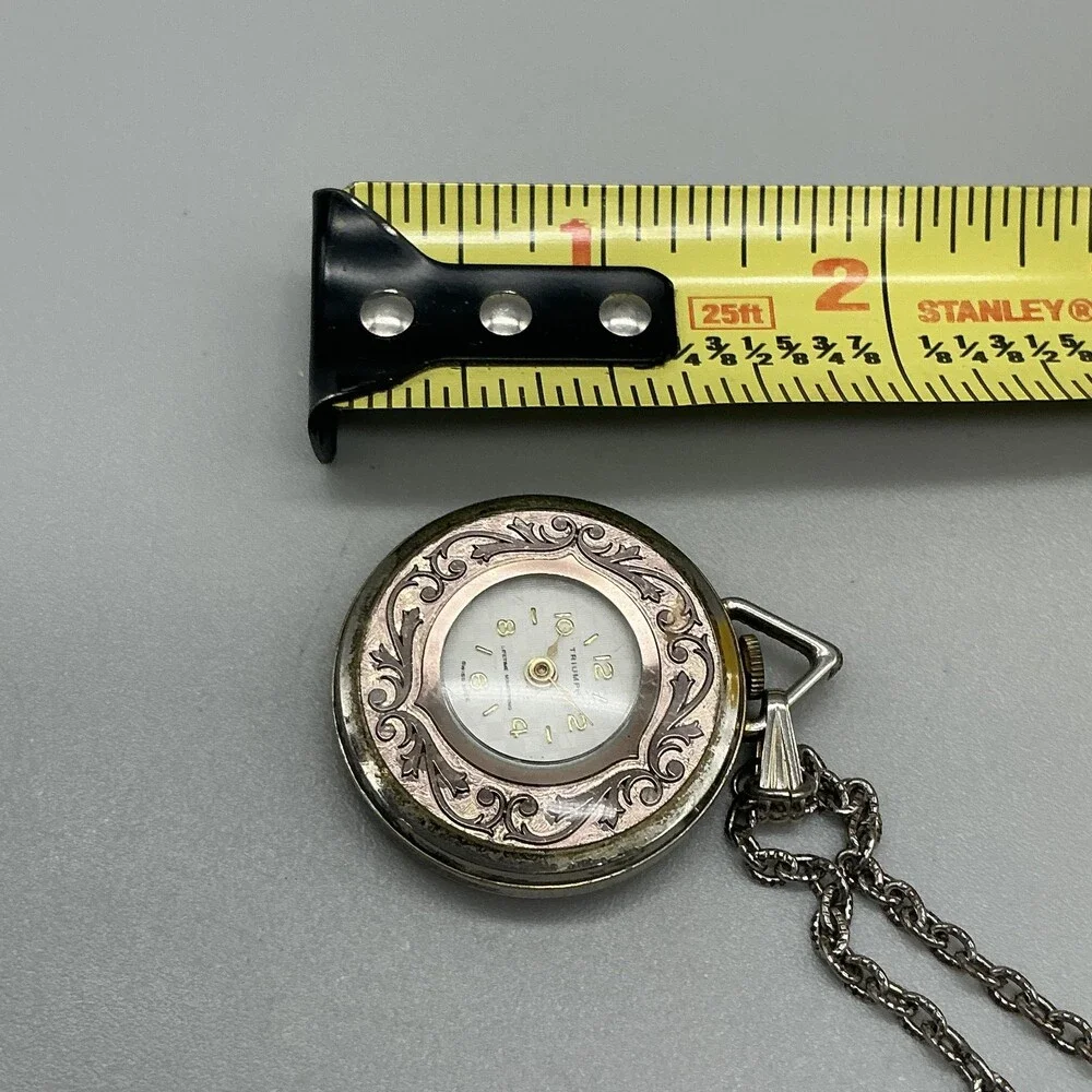 Vintage Triumph Watch Pendant Women 34mm Silver Gold Tone Manual Wind Chain